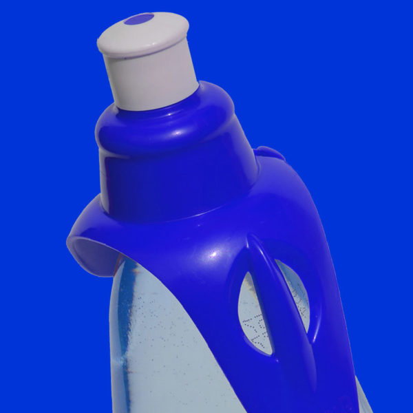 Bright blue hands-free drinking spout on water bottle on bright blue background