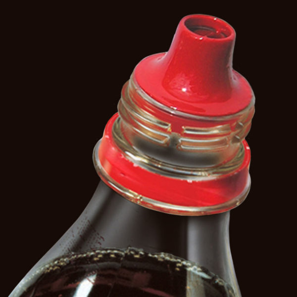 Resealable drinking spout on bottle with fizzy drink on black background