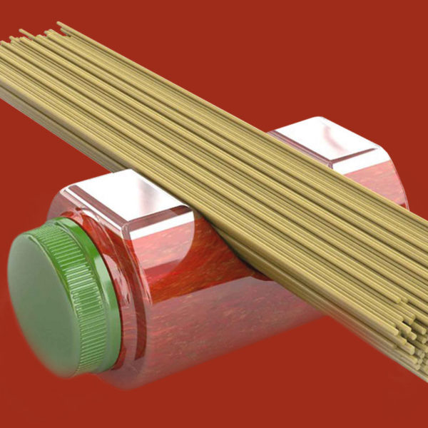 Spaghetti sauce bottle with green cap and built-in spaghetti measurement tool on red background