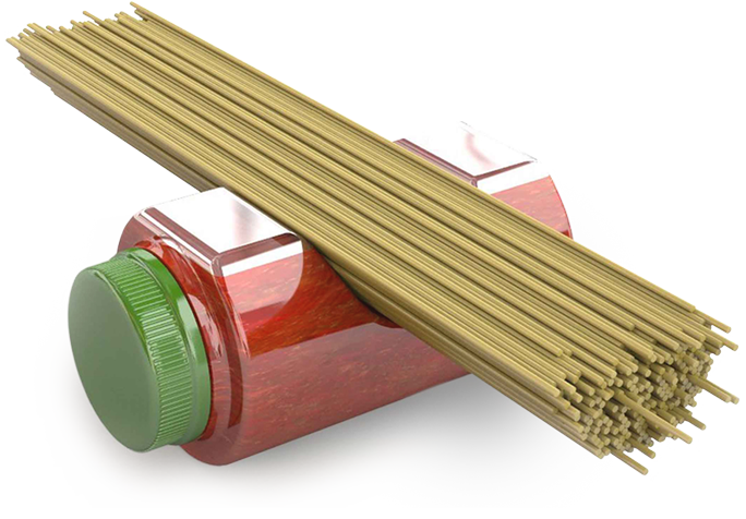 Spaghetti sauce bottle with spaghetti in measurement compartment