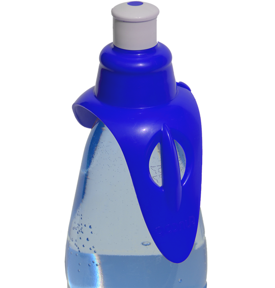 Blue hands-free drinking spout on a water bottle