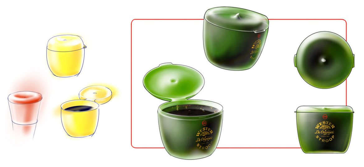 Sketches of apple syrup container in red, yellow and green